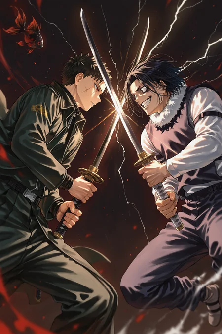 masterpiece, best quality, absurdres, safe
2boys, sword clash, holding sword, katana,
chihiro rokuhira, red eyes, scar on face, black goldfish,
dark background,
BREAK
masterpiece, best quality, absurdres, safe
2boys, sword clash, holding sword, katana,
genichi sojo, black hair, white shirt, smile, jumping, lightning,
dark background,
<lora:sword_clash_il_2_v4_d16_final:1>
<lora:kagurabachi_il_1_d16:1>