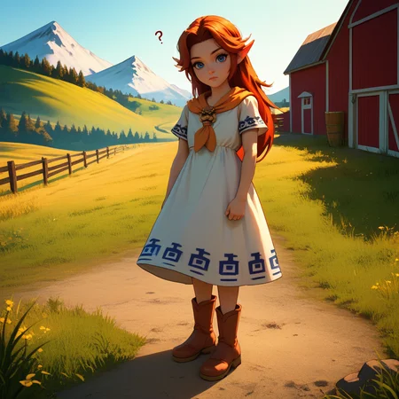 1girl,solo,cmalon,red hair,long hair,parted bangs,blue eyes,pointy ears,orange neckerchief,brooch,white dress,short sleeves,blue trim,brown boots,<lora:meh>,flat chest,
outdoors,farm,mountain,grass field,
standing,hands on own hips,looking at viewer,confused,<lora:StS_PonyXL_Detail_Slider_v1.4_iteration_3:1.2>,, score_9, score_8_up, score_7_up, perfect anatomy, source_anime, zPDXL2,