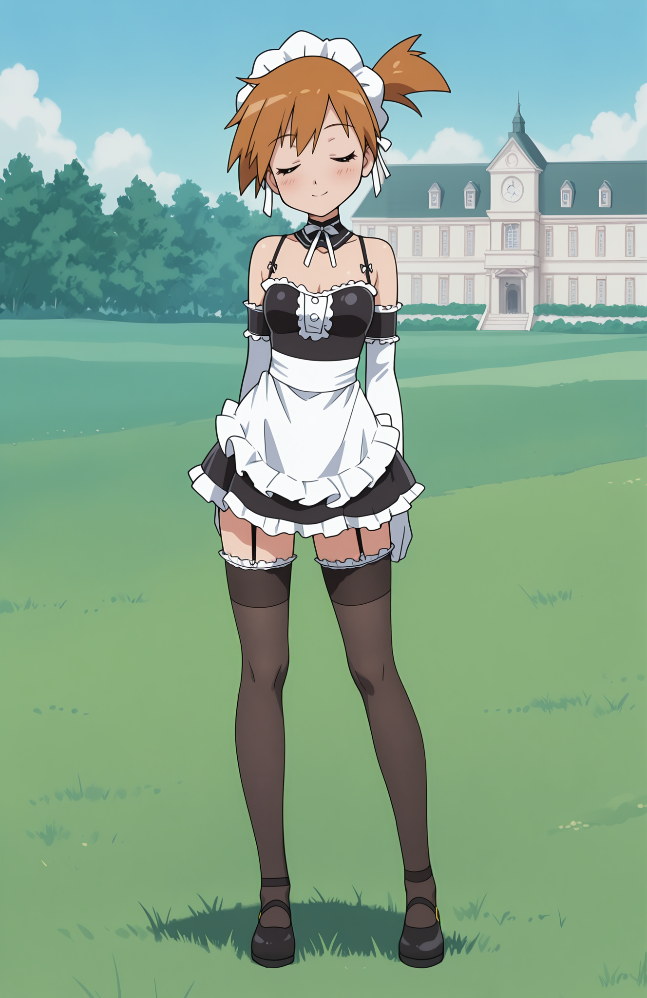 <lora:anatomy_helper:0.8> 1girl, solo, <lora:KoWaGo-IL:0.8> himm,
misty \(pokemon\), blue eyes, orange hair,
koremaid, bare shoulders, elbow gloves, white gloves, detached collar, arm garter, garter straps, spaghetti strap, black thighhighs, frilled thighhighs, maid headdress, black footwear,
outdoors, mansion, grass, closed eyes,  sleeping,,closed eyes smile incoming kiss POV, extremely detailed, highres, masterpiece, best quality