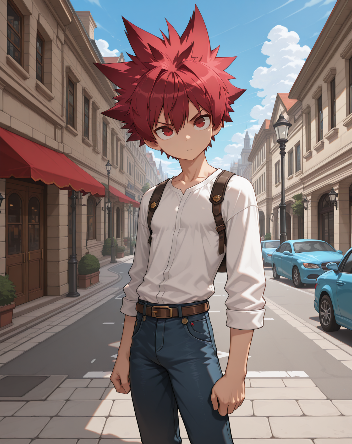 masterpiece,best quality,amazing quality, newest, very aesthetic, absurdres,
1boy, solo, yaoi, male focus, looking at viewer, cowboy shot, standing,
<lora:Elsword_Sword_Knight_ilxl:1>  elswordsk, spiked hair, red hair, red eyes,
white shirt, jeans, sneakers,
outdoors, day, blue sky, building, street, road, lamppost, car,