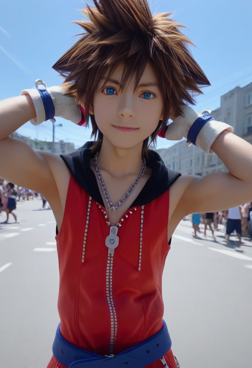 ((masterpiece)), ((best quality)), ((ultra-detailed)), ((absurdres)), score_9_up, score_8_up, score_7_up,
HD, top quality, best quality, amazing quality, High-quality illustrations, anime screencap, source_anime, best aesthetic, perfect proportions, perfect eyes, 1boy, 1male, solo boy, solo male, male focus, solo male focus, boy, real human, human male, asian, japanese, handsome, attractive, cute, charming, sexy, hot, ((tall, tall body, tall height)), ((fit body, lean body, slim waist, slender body)), easynegative, Expressiveh, neghands, updn, Male Cosplayer, cosplay costume, cosplay wig, colored contact lenses, ((1boy, solo, brown hair, spiked hair, blue eyes, hood, zipper, fingerless gloves, chain, sleeveless, showing armpits, hands behind head)), ((front view, front shot, facing front)),cosplay convention event, ((public event, many people walking background)), posing, happy, smiling
