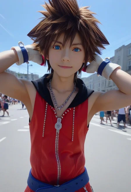 ((masterpiece)), ((best quality)), ((ultra-detailed)), ((absurdres)), score_9_up, score_8_up, score_7_up,
HD, top quality, best quality, amazing quality, High-quality illustrations, anime screencap, source_anime, best aesthetic, perfect proportions, perfect eyes, 1boy, 1male, solo boy, solo male, male focus, solo male focus, boy, real human, human male, asian, japanese, handsome, attractive, cute, charming, sexy, hot, ((tall, tall body, tall height)), ((fit body, lean body, slim waist, slender body)), easynegative, Expressiveh, neghands, updn, Male Cosplayer, cosplay costume, cosplay wig, colored contact lenses, ((1boy, solo, brown hair, spiked hair, blue eyes, hood, zipper, fingerless gloves, chain, sleeveless, showing armpits, hands behind head)), ((front view, front shot, facing front)),cosplay convention event, ((public event, many people walking background)), posing, happy, smiling