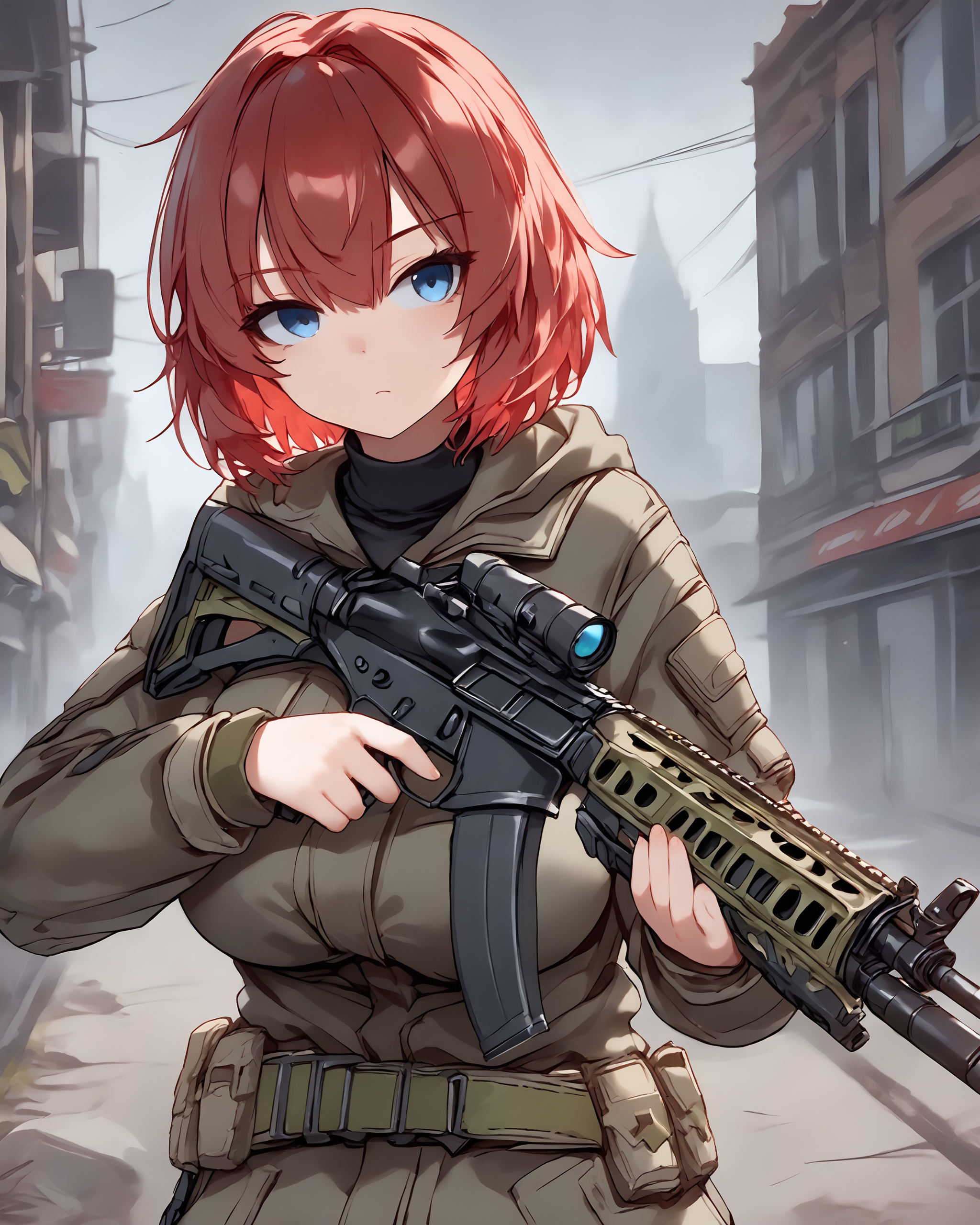 <lora:Ayesha_Drachev_v0.22:0.7> 1girl, solo, ayesha, red hair, short hair, blue eyes, large breasts, olive hoodie jacket, closed jacket, black turtleneck, olive belt, tan pouches, holding a black assault rifle,  ruined gray city background,  <lora:Pony_Weapon_Assault_Rifle_-_By_HailoKnight:0.85>