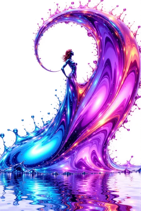 <lora:Vibrantly_Abstract_style:0.99> VibrantlyAbstract style.
breathtaking a fine color ink lineart sketching of a woman silhouette with a glossy shiny outline vibrant colors (reflective) volumetric splash of glary glossy reflective paint, colorful, best quality, elegant, sharp clear art . award-winning, professional, highly detailed Polished chrome-like ribbons, spiraling in a gravity-defying ballet of metallic elegance, rendered with hyper-reflective surfaces that refract soft pink, lavender, and cerulean light across their sinuous curves. With ultra-smooth shading, high-gloss rendering, and complex internal refraction, this design merges physical perfection with cosmic energy in a celebration of mathematical elegance and prismatic power.