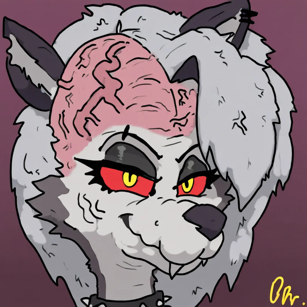 by fieron,simple background BREAK 1girl,anthro,hellhound,canid demon,loona \(helluva boss\),big brain,big cranium,veiny head,smile,seductive,half-closed eyes,looking at viewer,