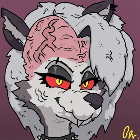 by fieron,simple background BREAK 1girl,anthro,hellhound,canid demon,loona \(helluva boss\),big brain,big cranium,veiny head,smile,seductive,half-closed eyes,looking at viewer,