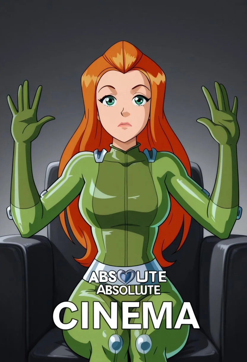 masterpiece, best quality, good quality, 1girl, solo, parody, official style, sam_totally_spies, long hair, orange hair, green eyes, green bodysuit, sexy, large breasts, beautiful, detailed, high detailed, very beautiful, detailed face, detailed eyes, detailed hand, abstract background, <lora:absolute-cinema-illustriousxl-lora-nochekaiser:1>, absolute cinema, greyscale, monochrome, solo, sitting, looking at viewer, grey background, english text, subtitles, hands up, wide hips