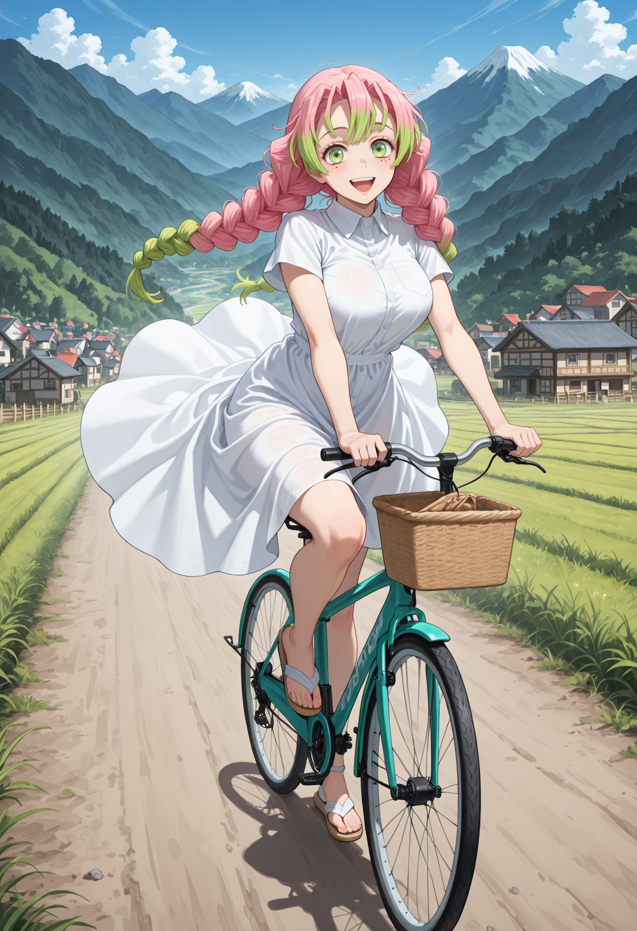 masterpiece, best quality, highres, absurdres, very awa, 1girl, solo, twin braids, multicolored hair, pink hair, green hair, mole under each eye, large breasts, sundress, white dress, (collared dress), outdoors, (rural), japan, bicycle, riding bicycle, riding, leg up, green eyes, mountain, (village), scenery, landscape, house, road, sandals, looking at viewer, smile, open mouth