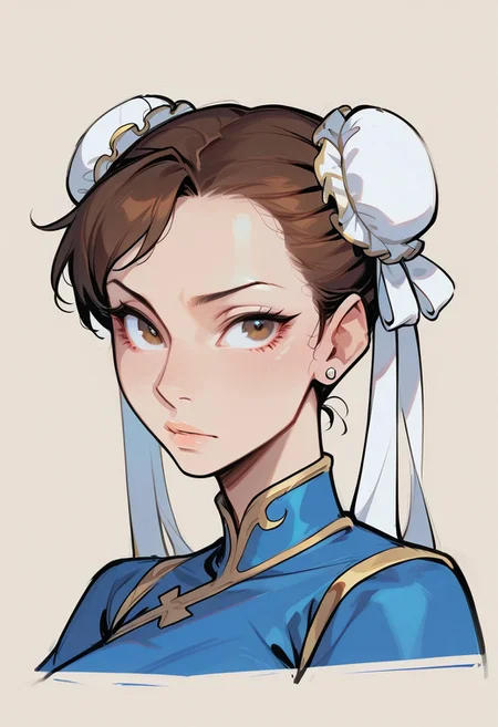 {{masterpiece,best quality,amazing quality,absurdres}}, {{flat shading, cel shading}},
BREAK
1girl, solo, simple background, portrait, upper body, chun li