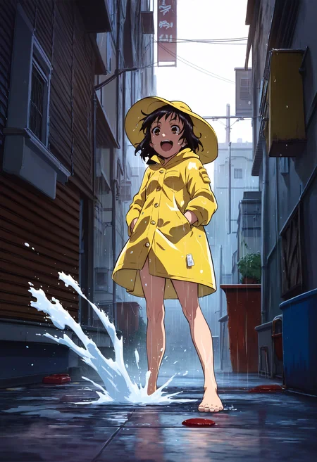score_9,score_8_up,score_7_up,score_6_up,source_anime,<lora:MeMaXLV3_TypeB_AutismMix:1>,close-up,from below,looking_down,pose,hands in pocket,full body,solo,1girl,raincoat,hat,black hair,rain,wet,alley,kicking,puddle,splashing,happy,brown eyes,barefoot,motion blur,