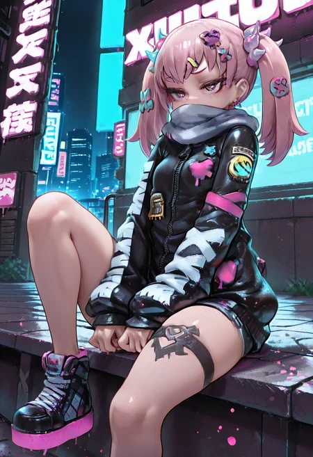 masterpiece, best quality, zzH0ld, sitting on a futuristic rooftop ledge, cyberpunk cityscape in the background, one knee up, sleek metallic footwear reflecting neon lights, glowing tattoos tracing her leg, jacket sleeves past wrists, scarf fluttering in the wind, holographic jewelry shimmering, high-tech, sci-fi anime aesthetic ,<lora:HoldXcute_IXL:1.0>, NyxL0v3, <lora:NyxLoveStyle_IXL:0.8>,