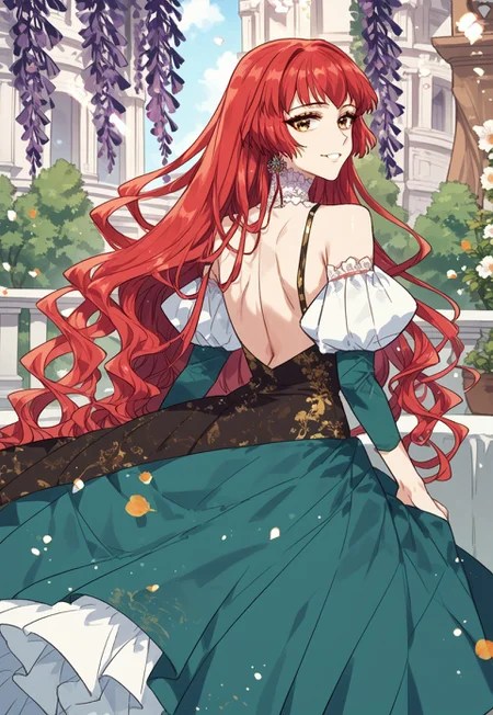 zPDXL3, score_9_up, score_8_up, score_7_up, (Anime_source), 1girl, Jeremia, amber eyes, red hair, long hair, dress, (looking back), upper body, looking at viewer, smile, sunshine