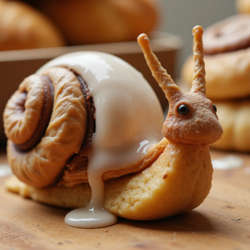 Close-up food photo of a hybrid snail composed entirely of glossy sticky cinnamon buns. The shell is made from a puffy perfectly swirled cinnamon bun covered in a thick glossy white glaze. Baked edges with a jagged cinnamon bun texture slightly caramelized, dark cinnamon filling inside, rich golden brown color. The glaze drips down in thick sweet drops, the snail tendrils are made of twisted cinnamon dough, glistening with icing sugar, the glaze reflects warm, natural light. The scene is shot in a soft, fuzzy kitchen setting, with a hint of freshly baked pastries in the background., , natural photo cinematic
