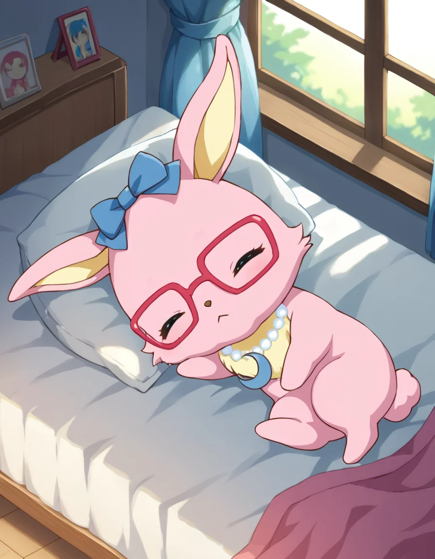 score_9, score_8_up, score_7_up, source_furry, realistic, solo, jpluna, female, chibi, feral, rabbit, pink fur, yellow inner ears, red glasses, blue ribbon on head, yellow chest fur, blue crescent gem, white pearl necklace, sleeping, :o, lying on side, on bed, pillow, room, window, curtain, morning, from above <lora:Luna_wearing_glassesjewelpet:1>