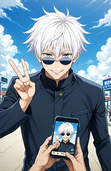 score_9, score_8_up, score_7_up, score_6_up, BREAK, source_anime, rating_explicit, masterpiece, best quality, detailed background <lora:hyperSD8:1>
<lora:Gojou_Satoru_JUJUTSUKAISEN_Culty:1> short hair, 1boy, white hair, gojou satoru, blue eyes, jacket, hair between eyes, black jacket, sunglasses <lora:Holding_Smartphone_Culty:1> pov, holding smartphone, v sign, smile,