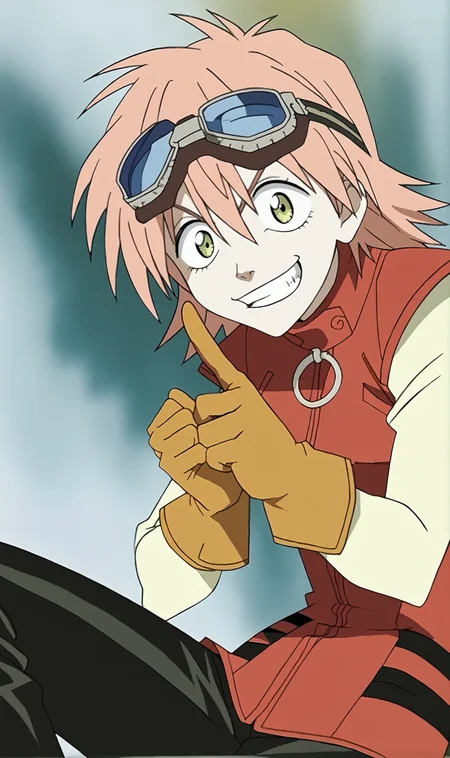 HH, 1girl, solo, retro artstyle, pink hair, green eyes, red sleeveless jacket, white sleeves, black pants, orange gloves, goggles on head, grin, portrait, looking at viewer, pointing finger at viewer, <lora:Haruko Haruhara Pony XL:1>