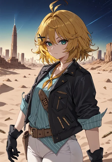 1girl, solo, solo focus, highres, absurdres, DokiBH, blonde hair, blue shirt, short hair, ahoge, x hair ornament, black jacket, black gloves, bangs, green eyes, hairclip, brown belt, pants, hair between eyes, vertical-striped shirt, white pants, open jacket, collarbone, yellow neckerchief, antenna hair, bullet, holster, sleeves rolled up,

looking at viewer, from side, hand up,

desert, sand, city, shade, night, night sky, dark, backlighting,