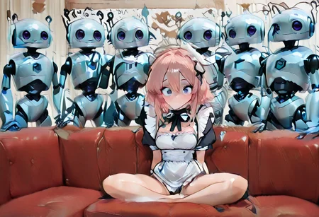 1girl, 1 girl all alone on couch, ((CivChan purple eyes, pink hair)), masterpiece,best quality,amazing quality, beautiful, thin body, skinny legs, skinny body, young body, young legs, thin legs, medium breasts,thin waist, thin hips, thin body,  sitting legs spread on a couch surrounded by CivBots, Civbot behind the couch, a bunch of civbots behind the couch, the girl on the couch wearing a skimpy maid uniform, sexy:2