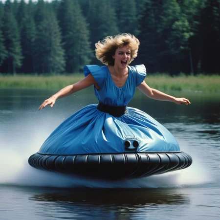 1980s color photograph of A woman wearing a hovercraft dress going full speed across a lake