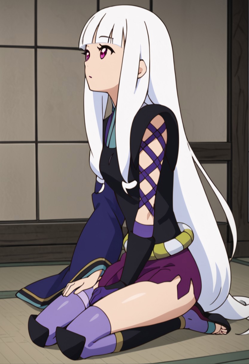 Togame, white hair, purple eyes, blunt bangs, long hair, Japanese clothes, full body, seat on knees, look up, dreaming