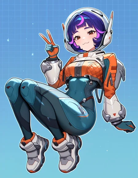 l4v3l1s, masterpiece, best quality, good quality, newest, very awa, absurdres, highres, 1girl, :3, full body, junoow, short hair, purple hair, multicolored hair, brown eyes, space helmet, cropped jacket, orange jacket, long sleeves, spacesuit, gloves, medium breasts, v, white outline, grid background, lookng at viewer, blue background, gradient background,