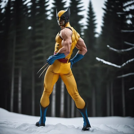 WolverineV2-1024, a man dressed as wolverine,side view, 3 claws, in winter canadian forest, highly detailed, photography, ultra sharp, film, bokeh, professional, 64k <lora:WolverineV2-1024-000350:0.8>