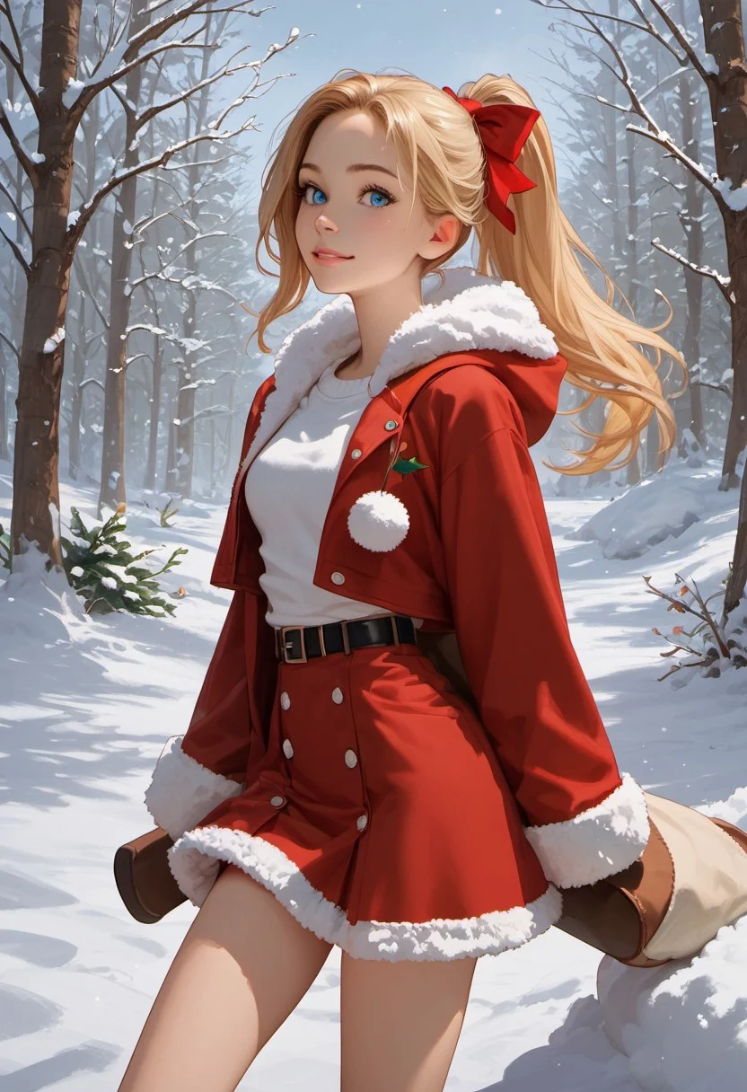 1girl, solo, score_9, score_8_up, score_8, score_7_up, score_7, score_6_up, score_6, cute face, beautiful face, cute girl, detailed eyes, blue eyes, blonde hair, ponytail, long hair, medium breasts, slim legs, looking at viewer, Christmas coat, Christmas skirt, fur boots, snow, outside, standing,