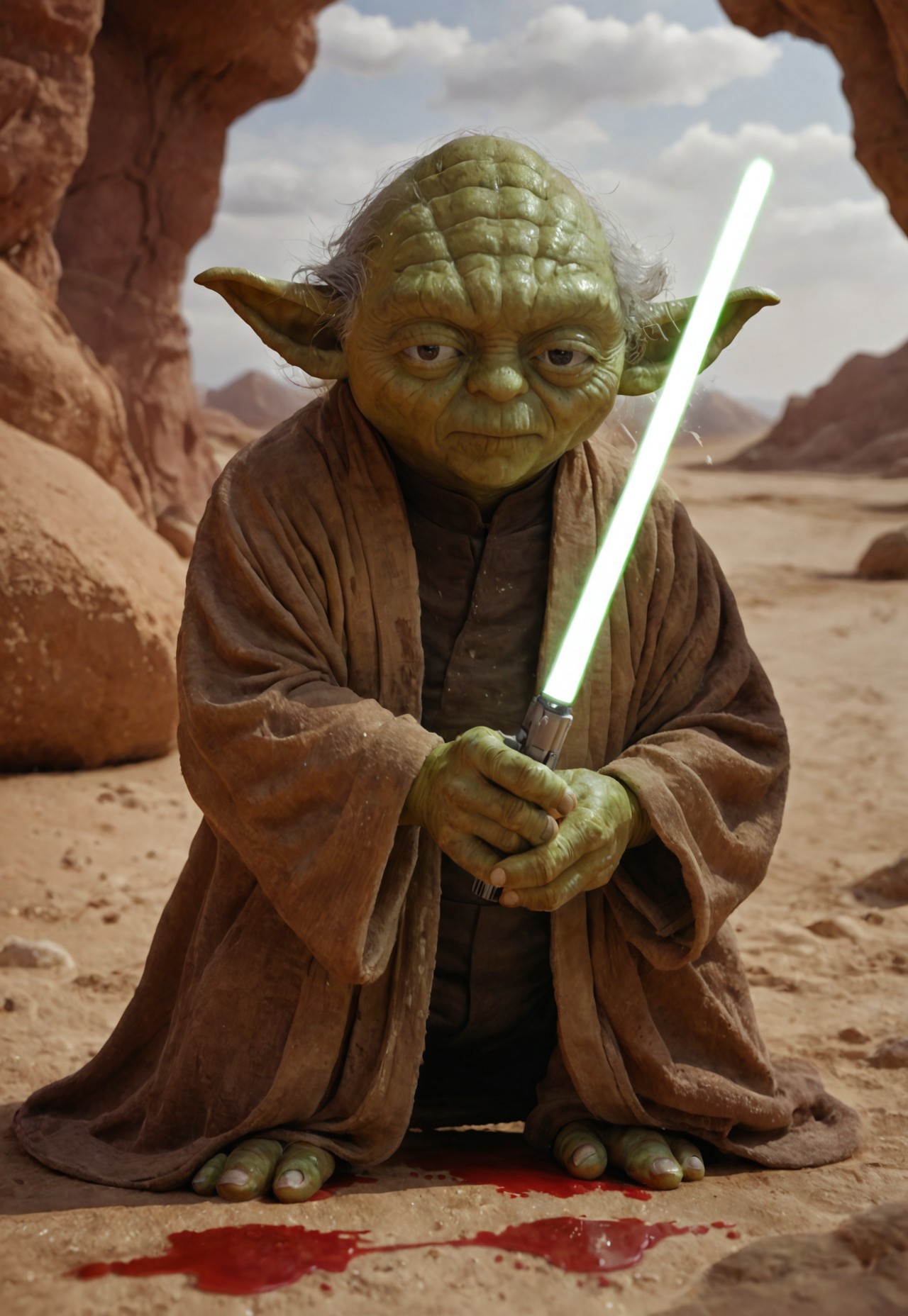  score_9, score_8_up, score_7_up, yoda, (green skin:1.5), reflections, highly detailed, film grain,  old book style ink illustration of   Yoda holding a lightsaber with Perfect Hands    in a cyberpunk city, pose inspired by Boris Vallejo, brushwork echoing Carne Griffiths, realistic, lifelike, on parchment, (((ink splashes, ink stains, ink smears, faded ink))), (futuristic:1.5) desert, tatooine, galaxy, lucasfilms, glass, sun, in the clouds, futuristic round roofed adobe desert dwellings, fractals, sunrise, moody tones, mentixis, linquivera, movie poster, star wars vibes, (((watercolor style with strong washes)))