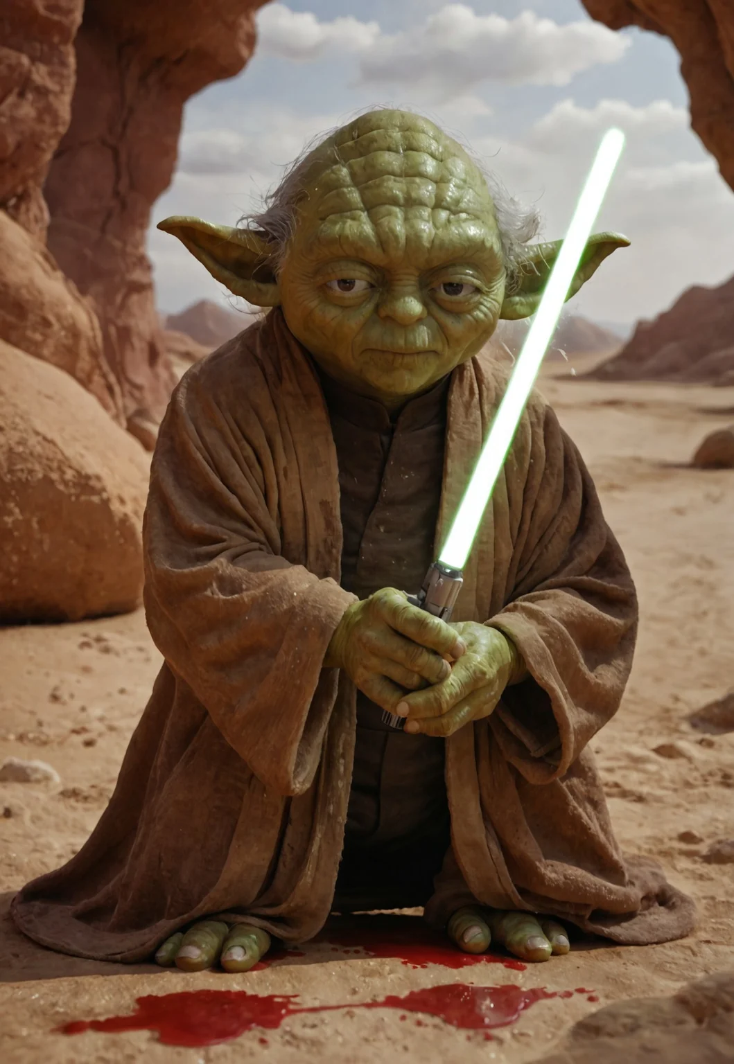 score_9, score_8_up, score_7_up, yoda, (green skin:1.5), reflections, highly detailed, film grain,  old book style ink illustration of   Yoda holding a lightsaber with Perfect Hands    in a cyberpunk city, pose inspired by Boris Vallejo, brushwork echoing Carne Griffiths, realistic, lifelike, on parchment, (((ink splashes, ink stains, ink smears, faded ink))), (futuristic:1.5) desert, tatooine, galaxy, lucasfilms, glass, sun, in the clouds, futuristic round roofed adobe desert dwellings, fractals, sunrise, moody tones, mentixis, linquivera, movie poster, star wars vibes, (((watercolor style with strong washes)))