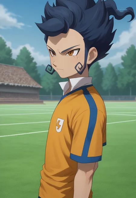 score_9, score_8_up, score_7_up, source_anime, highly detailed, 1boy, solo, male_focus, slender, skinny
tsurugi2, raimon, male focus, 1boy, raimon soccer uniform, solo, sportswear,
soccer uniform, blue hair, upper body,
outdoor,