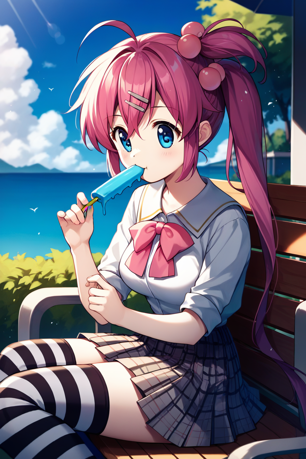 score_9, score_8_up, score_7_up, score_6_up, rating_safe, source_anime, best quality, masterpiece, outdoors, sunny, eating a popsicle, <lora:saigusa-haruka-xl-05:1>, saigusa haruka, white shirt with pink bow, pleated grey plaid skirt, medium breasts, tiny ahoge, striped stockings, long side ponytail,