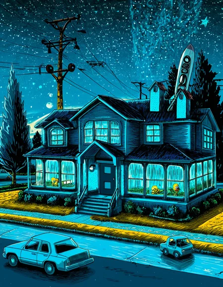 concept art  . digital artwork, illustrative, painterly, matte painting, highly detailed,
t1md0yl3, outdoors scenery, sky, tree, 
Bart simpson riding a skateboard,
window, night, traditional media, grass, building, star (sky), night sky, motor vehicle, starry sky, blue theme, car, bush, road, house, power lines, utility pole
house from "The Simpsons".
<lora:tim_doyle-SDXL-v1:1>