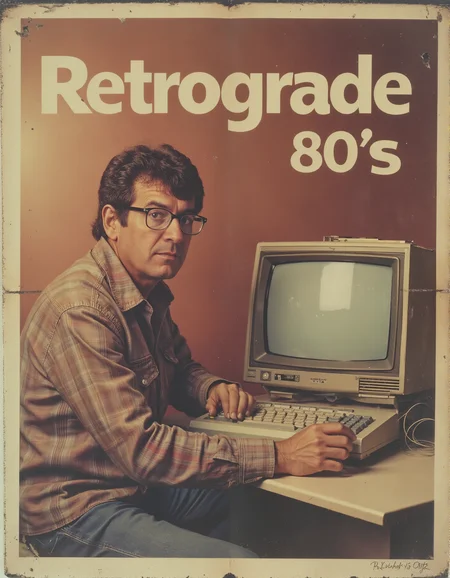 A vintage poster. The logo style text reads: "Retrograde 80's". A man sitting, working at a single vintage 80s computer, he is looking at the camera, wearing glasses. <lora:retrograde-80s:1> retr0grade80s