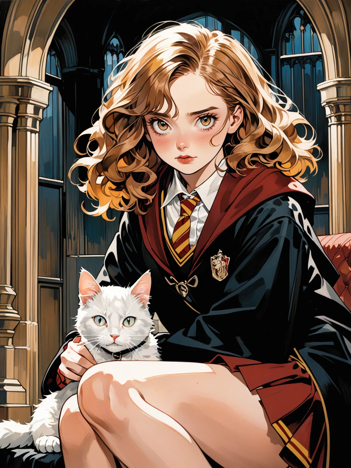 by Arturo Souto, by Brad Kunkle and wlop in the style of Daniel Merriam, solo, 1girl, cute 18 year old woman and her red pet cat, hermione granger, gryffindor uniform, digital painting, pale skin,highly detailed face,black hair, seducing facial expression,wearing a black robe, 1950s,dark background,warm colors, RAW candid cinema,16mm,color graded portra 400 film,remarkable color,ultra realistic,, captured on a (Nikon D850)defiant facial expression <lora:harry_potter_v1:1> <lora:aesthetic_anime_v1s:1>