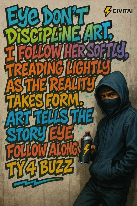 the words in a legible slightly wild colorful graffiti style with a mysterious graffiti artist leaning on the wall holding a can of paint by the company called "Civitai" with a yellow lighting bolt for a logo towards the viewer skewing perspective next to his creation " eye don't discipline art. i follow her softly. treading lightly as the reality takes form. art tells the story eye follow along. ty 4 BUZZ "