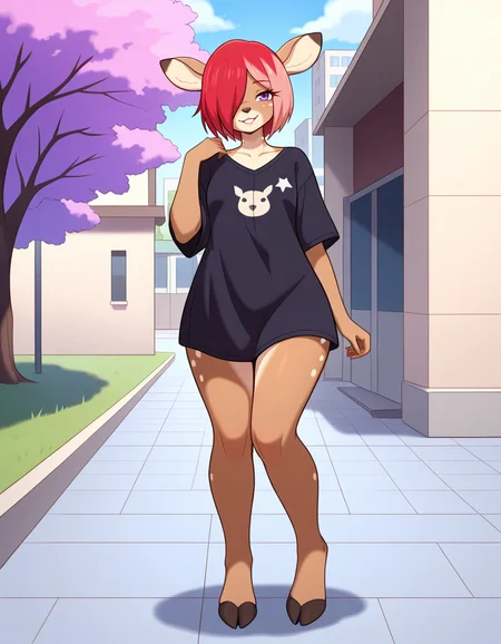 masterpiece, best quality, very aesthetic, absurdres,
outdoors, casual,
full body, standing, posing,
seductive smile, parted lips, long eyelashes,
<lora:Allie_v01_NAIXL:1>
A11lie,1girl,solo,furry,furry female,deer ears,short hair,red hair,pink hair,hair over one eye,purple eyes,snout,animal nose,body fur,brown fur,deer tail,hooves,