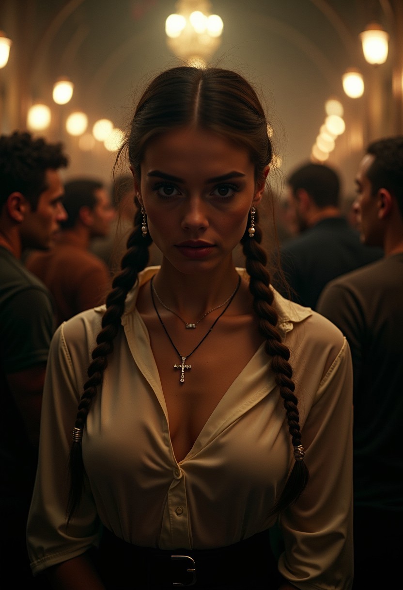 A highly detailed and cinematic photograph of a 19-year-old prude Catholic school girl in a dimly lit, shady bar in the UK, surrounded by rough hooligans. She has an intimidated expression on her face, her natural skin texture and perfect hands are meticulously detailed. She wears a high-closed, tight buttoned silk blouse that accentuates her modesty, with shadows dramatically falling over her chest and a subtle dim light catching the sheen of her braided updo hair. Her large 34DD bust is noticeable but tastefully depicted with a mid size crucifix necklace. A long bar full of rugged men stretches behind her, adding depth to the scene. She wears a delicate necklace with a cross and pearl earrings, adding a touch of innocence. Shot with Kodak Portra 800 film on a Hasselblad 500 camera with a 55mm f/1.9 lens, featuring extreme depth of field, high contrast, and available light. The atmosphere is cinematic, with Ultra HD, HDR, and 8K resolution, evoking tension and drama in every detail.