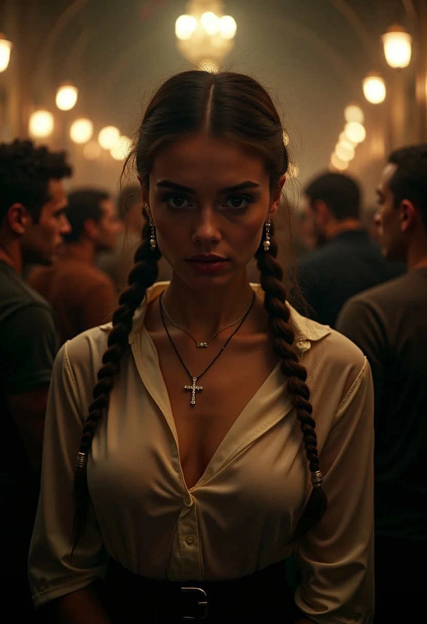 A highly detailed and cinematic photograph of a 19-year-old prude Catholic school girl in a dimly lit, shady bar in the UK, surrounded by rough hooligans. She has an intimidated expression on her face, her natural skin texture and perfect hands are meticulously detailed. She wears a high-closed, tight buttoned silk blouse that accentuates her modesty, with shadows dramatically falling over her chest and a subtle dim light catching the sheen of her braided updo hair. Her large 34DD bust is noticeable but tastefully depicted with a mid size crucifix necklace. A long bar full of rugged men stretches behind her, adding depth to the scene. She wears a delicate necklace with a cross and pearl earrings, adding a touch of innocence. Shot with Kodak Portra 800 film on a Hasselblad 500 camera with a 55mm f/1.9 lens, featuring extreme depth of field, high contrast, and available light. The atmosphere is cinematic, with Ultra HD, HDR, and 8K resolution, evoking tension and drama in every detail.
