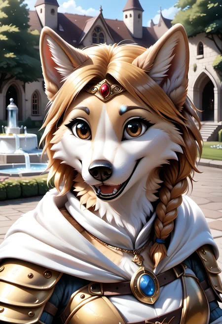 realistic, highres, super high resolution, 8k, photo, anthro, furry, furry, anthro, fur, tail, detailed fur, detailed, anthro, F.M PDXL, whtfx, soft body fur, rostran style, anthro, female dog, golden retriver, golden fur, brown eyes, long golden hair, golden knight armor, medieval mansion, garden, arch, fountain, canine teeth, fluffy tail, ear tuft, golden necklace, golden circlet, open smile, white cape, belt, solo, braid,