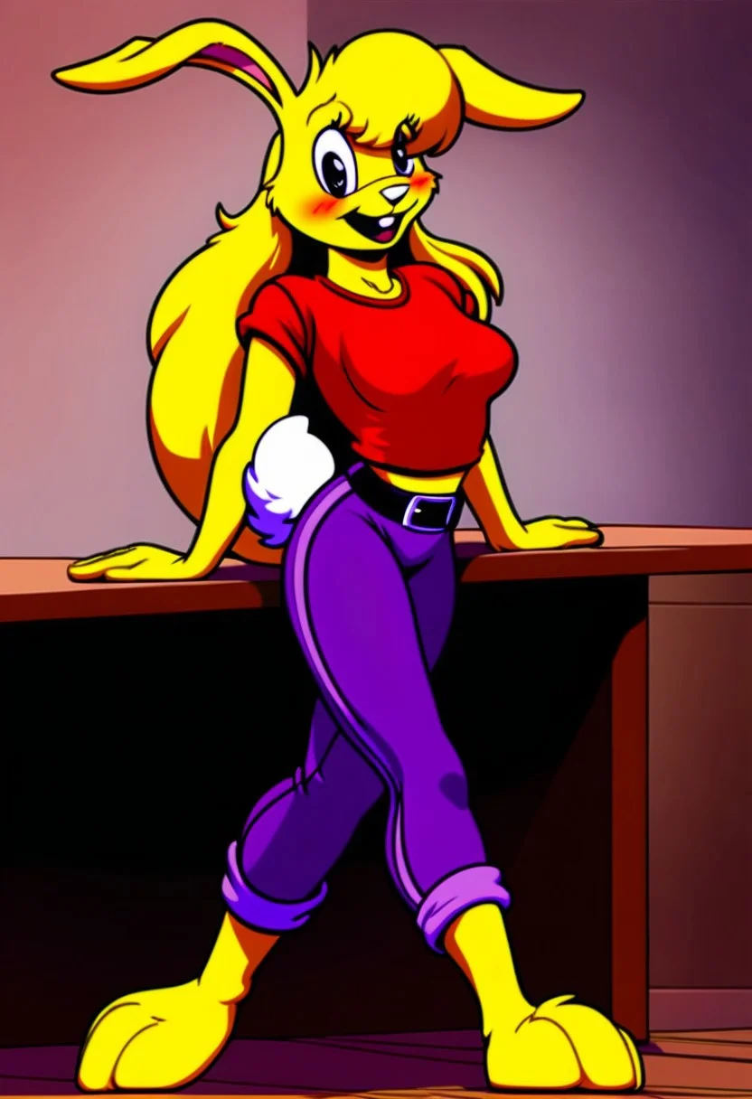 score_9, score_8_up, score_7_up, score_6_up, score_5_up, score_4_up, retro artstyle, BREAK 
LoriJackRabbitPXL, rabbit girl,long yellow hair,yellow skin,1girl, solo,rabbit tail,yellow skin, animal ears, pants, black eyes, colored skin,rabbit ears,long yellow hair, belt, smile, shirt, black belt, open mouth, looking at viewer,rabbit girl,rabbit tail, full body, breasts, standing, furry female, blush, red shirt,purple pants, :d, indoors,barefoot,furry, midriff peek
<lora:lorijackrabbit-v1:0.9>