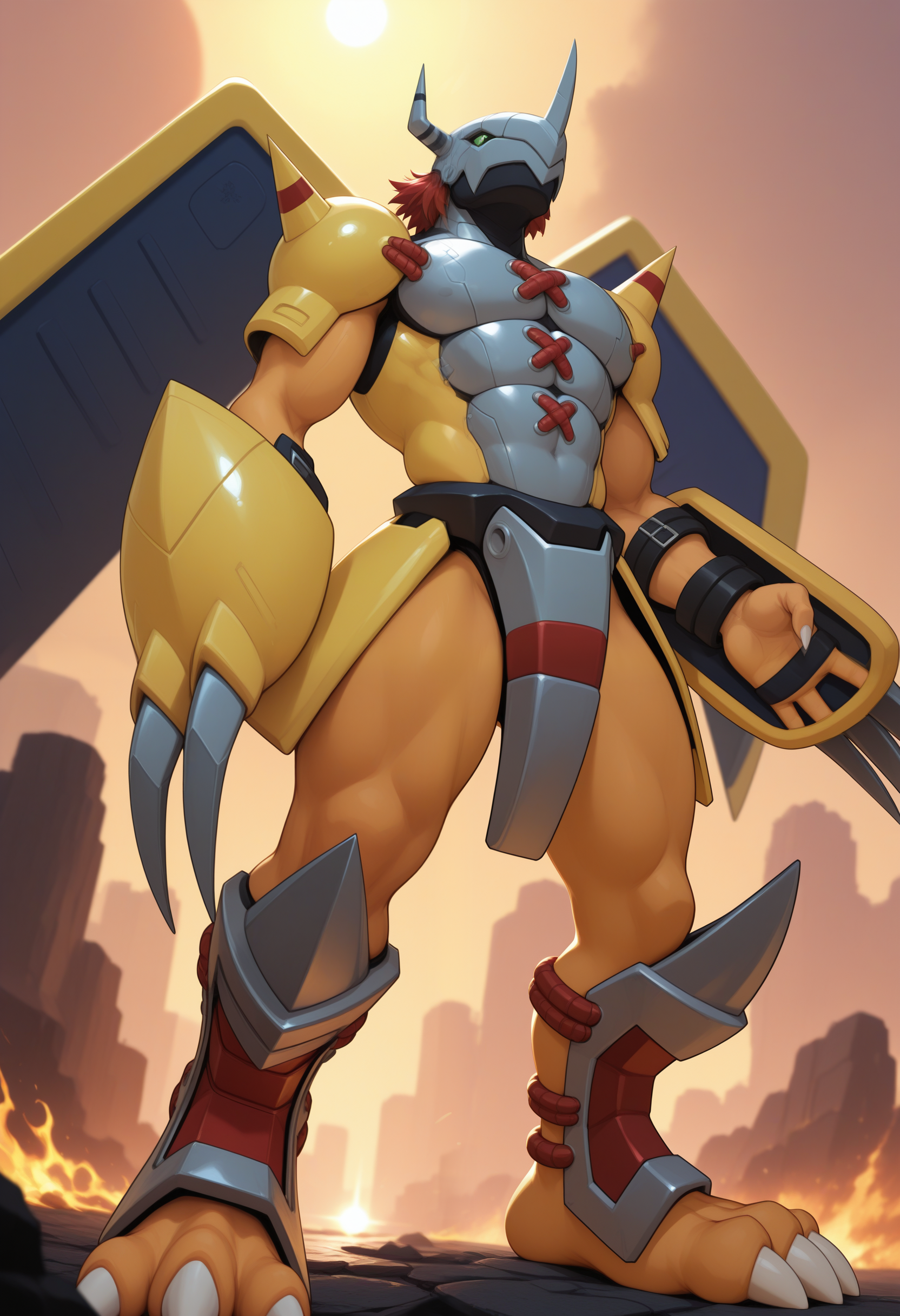masterpiece,best quality, amazing quality, 1boy, solo, w4r, digimon (creature), armor, gauntlets, mechanical wings, crotch plate, leg armor, helmet,

outside,