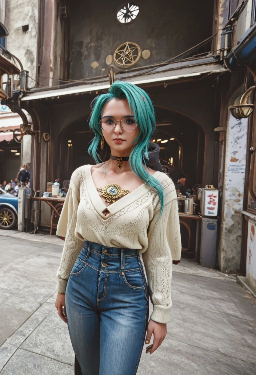 Low_Realism_2xx_By_Stable_Yogi, Albrecht_Labs_Pony, sweater, jeans, outdoors, simple black choker, black ribbon, hair ribbon, black high-waist skirt, gold brooch with white feathers and hexagram, HumanFormTsuyuha, round rimless eyewear, retro artstyle, 1990s (style),