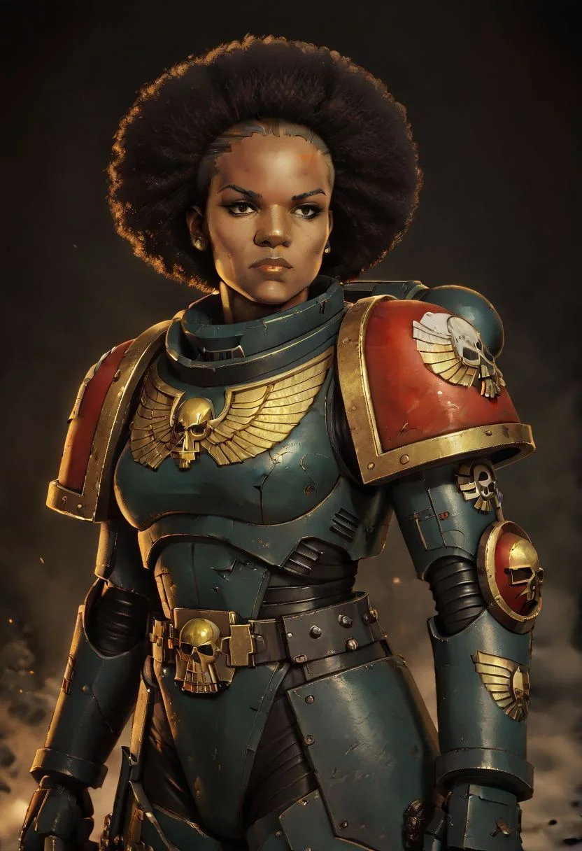 score_9,score_8_up,score_7_up, 1 woman, black woman, shaved head, short afro, MILF scarred, warhammer 40000, knva, halftone effect, retro artstyle, full battle armor