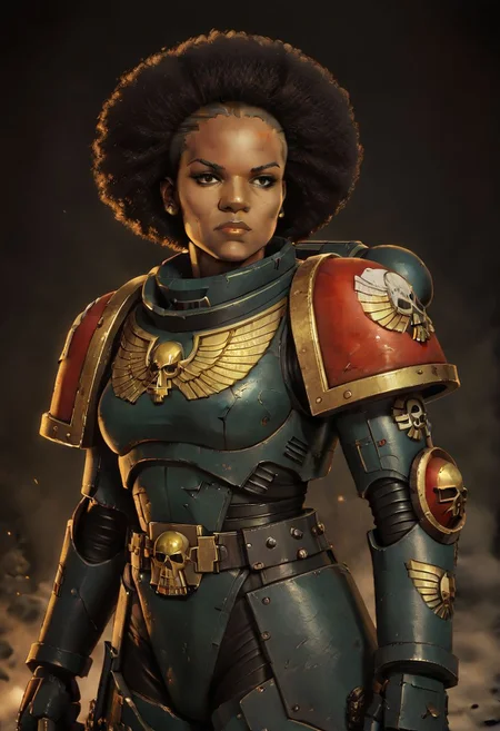 score_9,score_8_up,score_7_up, 1 woman, black woman, shaved head, short afro, MILF scarred, warhammer 40000, knva, halftone effect, retro artstyle, full battle armor