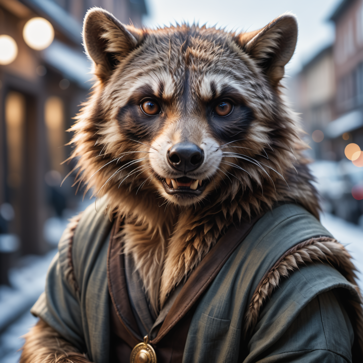 cinematic film still face portrait from an anthro male raccon, fangs, realistic fur,RAW candid cinema, 16mm, color graded portra 400 film, remarkable color, ultra realistic, textured skin, remarkable detailed pupil shot with cinematic camera, high quality photography, 3 point lighting, flash with softbox, 4k, Canon EOS R3, hdr, smooth, sharp focus, high resolution, award winning photo, 80mm, f2.8, bokeh . shallow depth of field, vignette, highly detailed, high budget, bokeh, cinemascope, moody, epic, gorgeous, film grain, grainy
