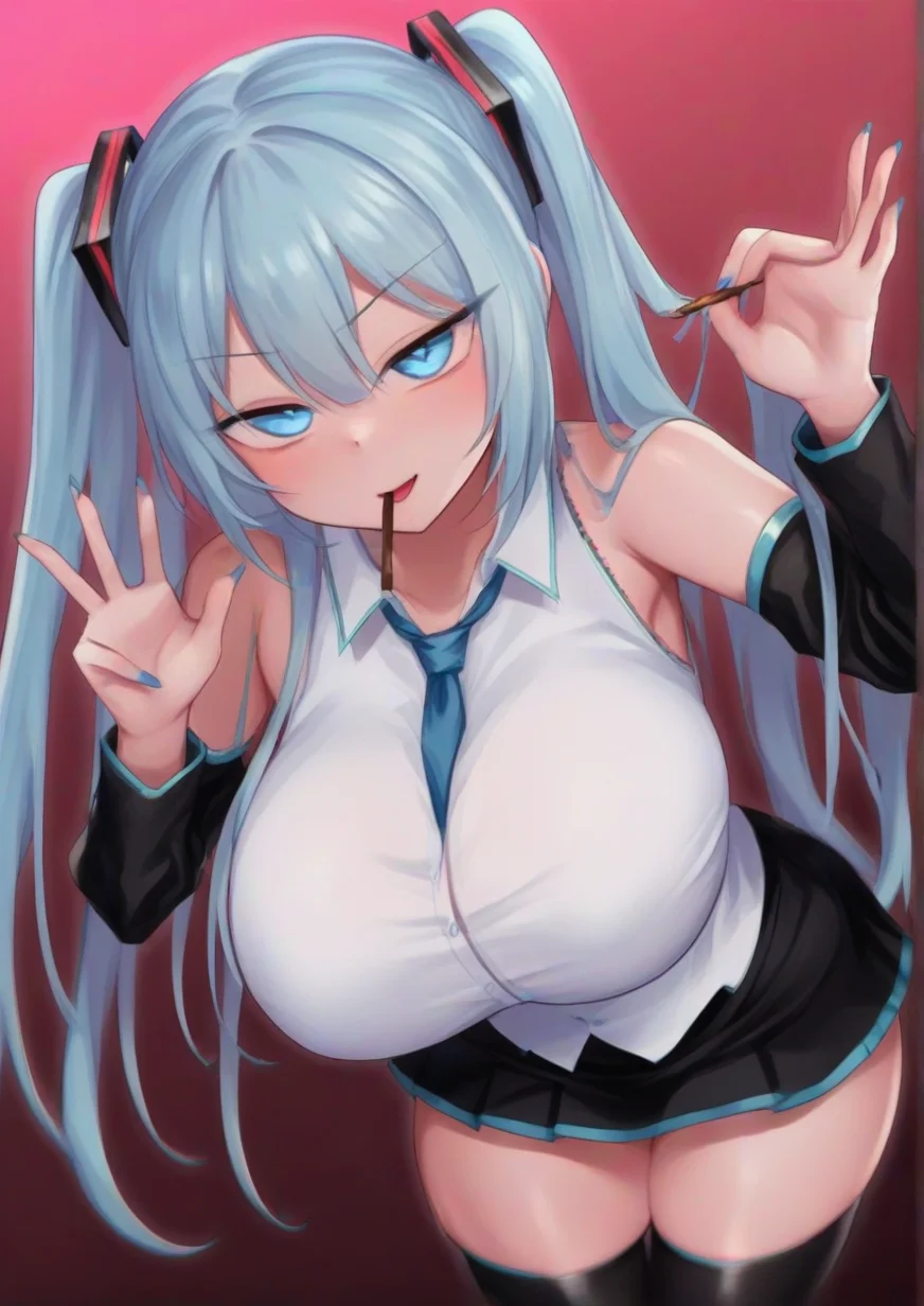1girl, hatsune miku, huge breast, :o, black skirt, black thighhighs, blue eyes, blue nails, blue necktie, blurry, blurry foreground, dated, detached sleeves, food, holding, holding food, holding pocky, leaning forward, long hair, looking at viewer, necktie, open mouth, pocky, pocky day, red background, shirt, skirt, sleeveless, sleeveless shirt, solo, thighhighs, twintails, v-shaped eyebrows, very long hair, white shirt, zPDXL3 <lora:lukuãã:1>