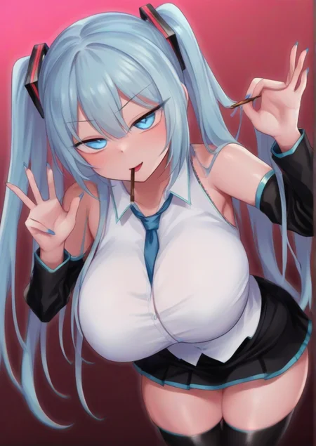 1girl, hatsune miku, huge breast, :o, black skirt, black thighhighs, blue eyes, blue nails, blue necktie, blurry, blurry foreground, dated, detached sleeves, food, holding, holding food, holding pocky, leaning forward, long hair, looking at viewer, necktie, open mouth, pocky, pocky day, red background, shirt, skirt, sleeveless, sleeveless shirt, solo, thighhighs, twintails, v-shaped eyebrows, very long hair, white shirt,  zPDXL3 <lora:lukuãã:1>