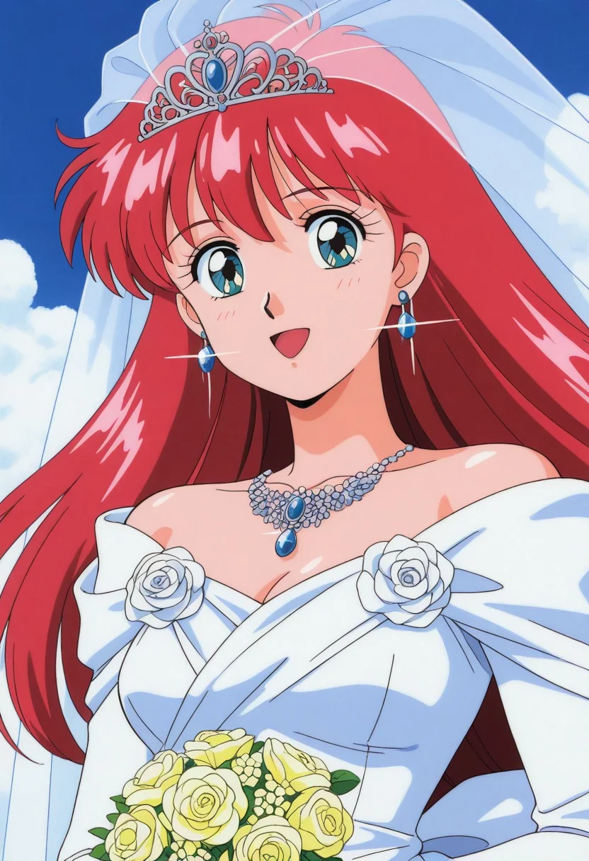 masterpiece, best quality, source_anime,official art,perfect_anatomy,1990s_\(style\),retro_artstyle,momo(adult version),1girl,red hair,jewelry,long_hair,(wedding_dress,flower,diffraction_spikes,earrings:1.2),looking_at_viewer,smile,open mouth,upper body,close to viewer,day,blue_sky,cloud