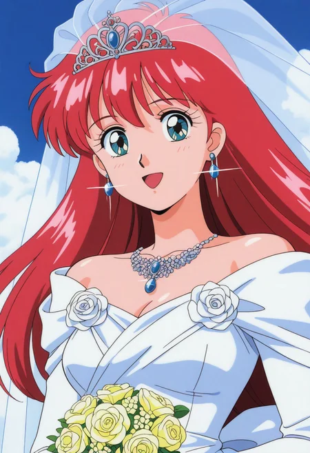 masterpiece, best quality, source_anime,official art,perfect_anatomy,1990s_\(style\),retro_artstyle,momo(adult version),1girl,red hair,jewelry,long_hair,(wedding_dress,flower,diffraction_spikes,earrings:1.2),looking_at_viewer,smile,open mouth,upper body,close to viewer,day,blue_sky,cloud