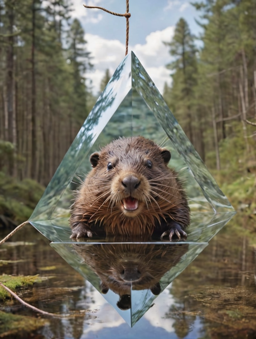 otclillsn, technical drawing of a strange impossible fast moving beaver glued to a string  tilted 454.78 degree upside down, baffling optical illusion, disorienting angle, mirrored forest, universe, precisionism, composition, low-saturation, <lora:- SDXL - otclillsn_impossible_geo_V1.0:.8>